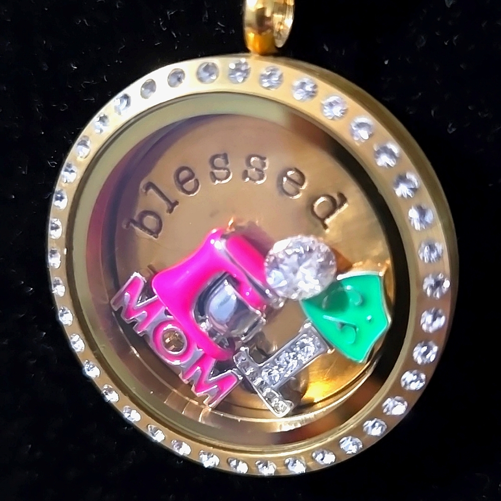 Origami Owl Flat Oval Link Necklace w/ Rhinestone Locket and Charms